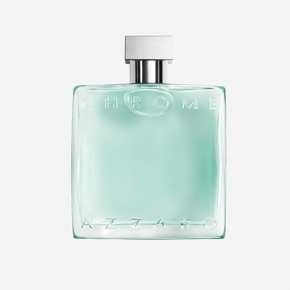 Perfume bottle labeled 'Chrome' by Azzaro on a white background