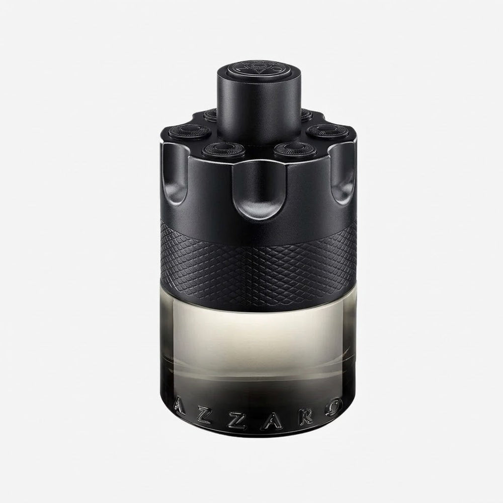 Black Azzaro perfume bottle on a white background