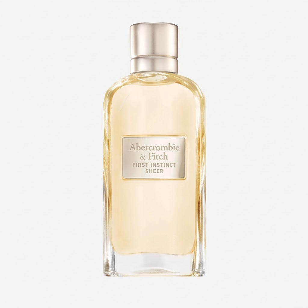 Perfume bottle labeled 'Abercrombie & Fitch First Instinct Sheer' on a white background