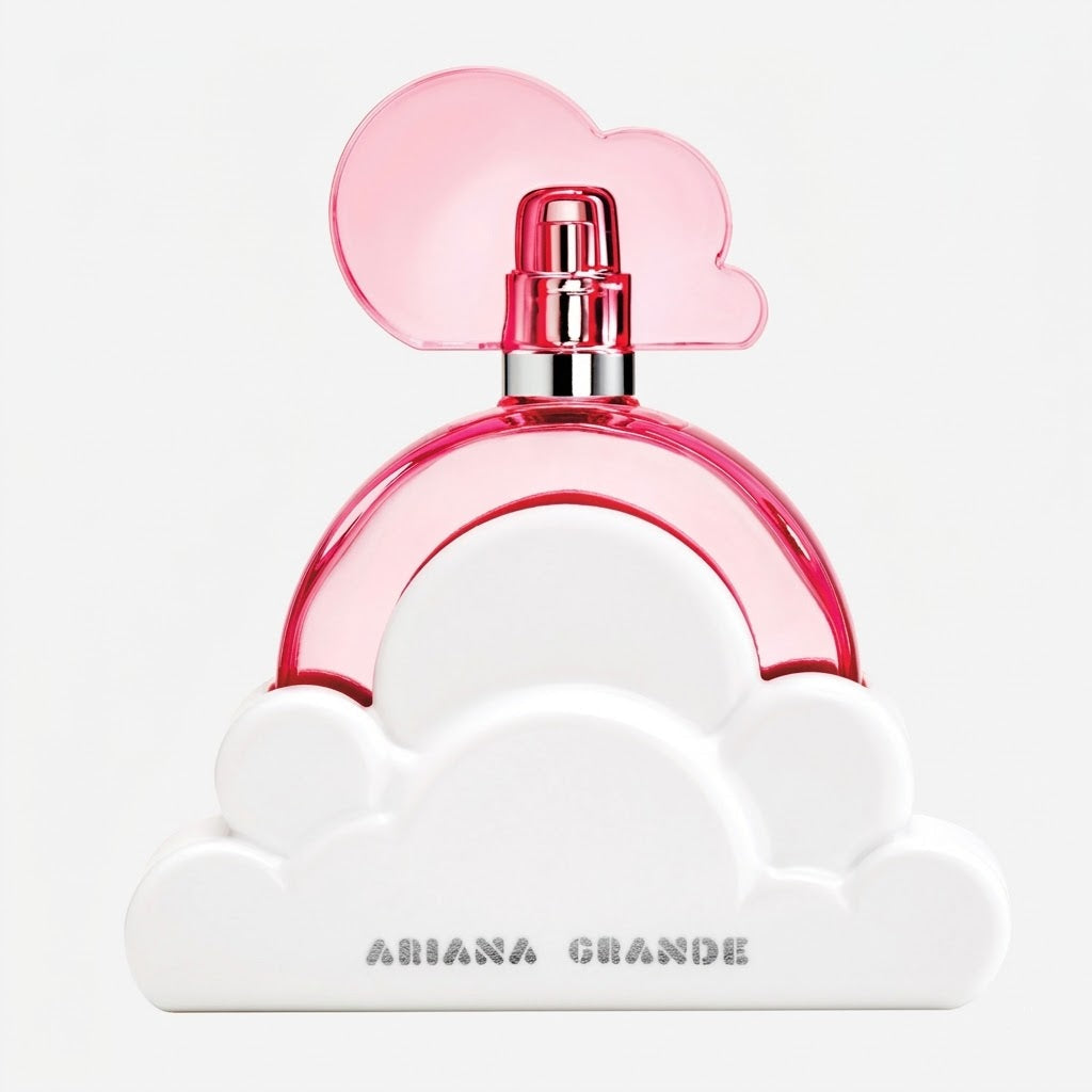 Perfume bottle with pink cap and cloud design on a white background