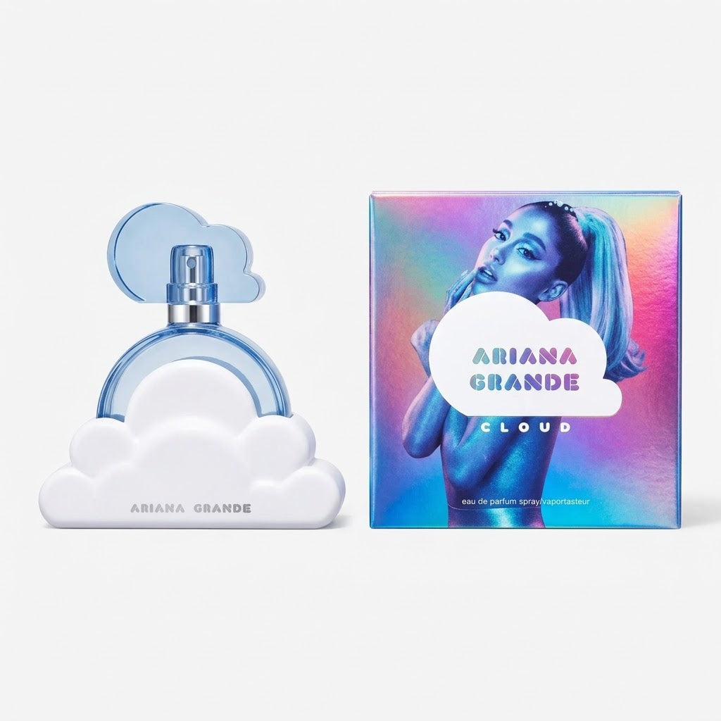 Ariana Grande Cloud perfume bottle and packaging on a white background