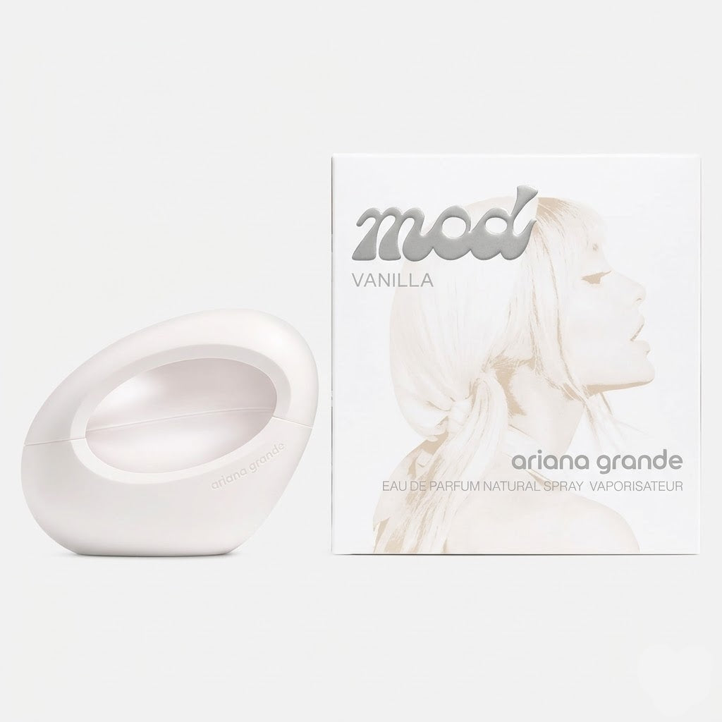 Ariana Grande 'Mod Vanilla' eau de parfum packaging on a white background