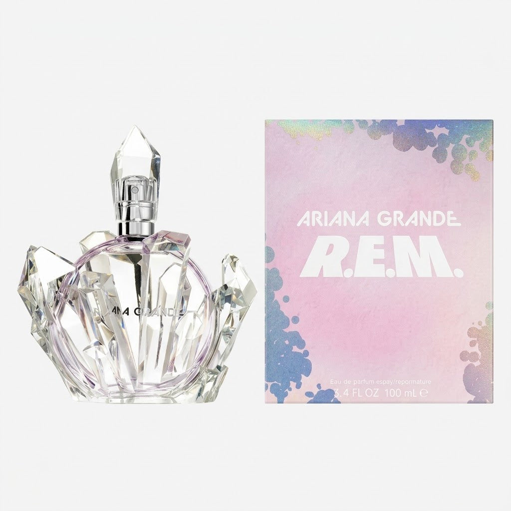 Ariana Grande R.E.M. perfume bottle and packaging on a white background