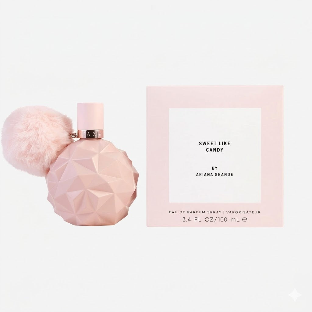 Pink perfume bottle with matching packaging on a white background
