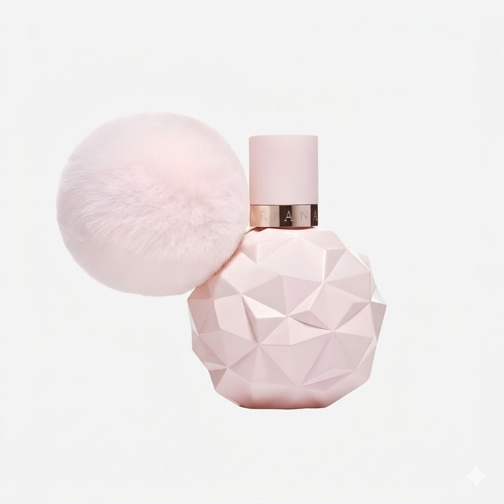 Pink perfume bottle with geometric design on a white background