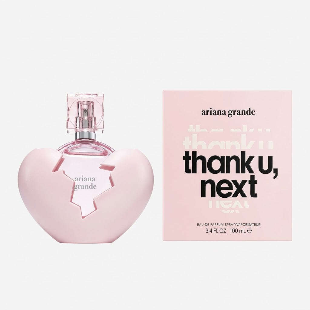 Pink heart-shaped Ariana Grande perfume bottle and packaging on a white background