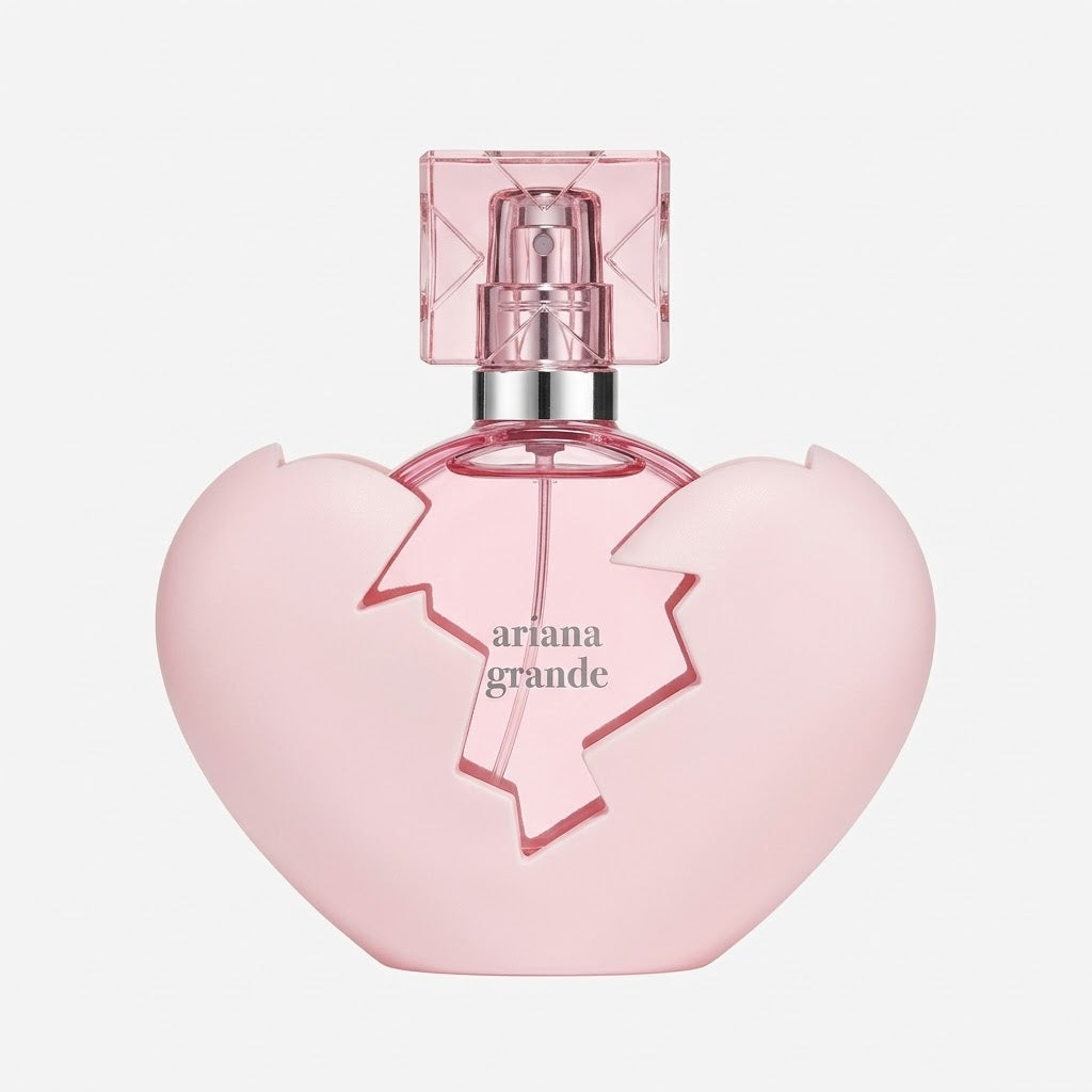 Pink heart-shaped perfume bottle with 'Ariana Grande' branding on a light gray background