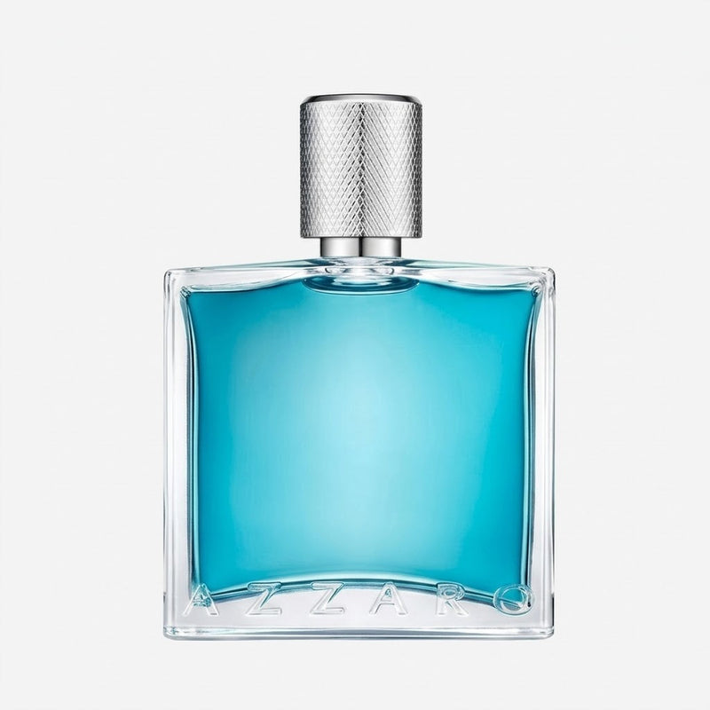 Blue perfume bottle with silver cap on a white background