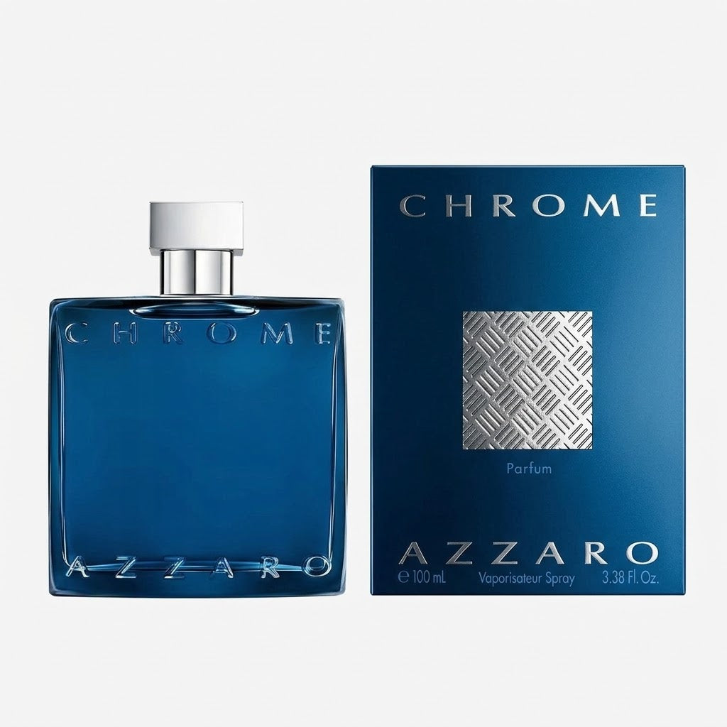 Azzaro Chrome perfume bottle and packaging on a white background