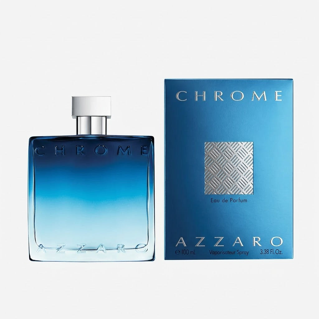 Azzaro Chrome Eau de Parfum bottle and packaging on a white background
