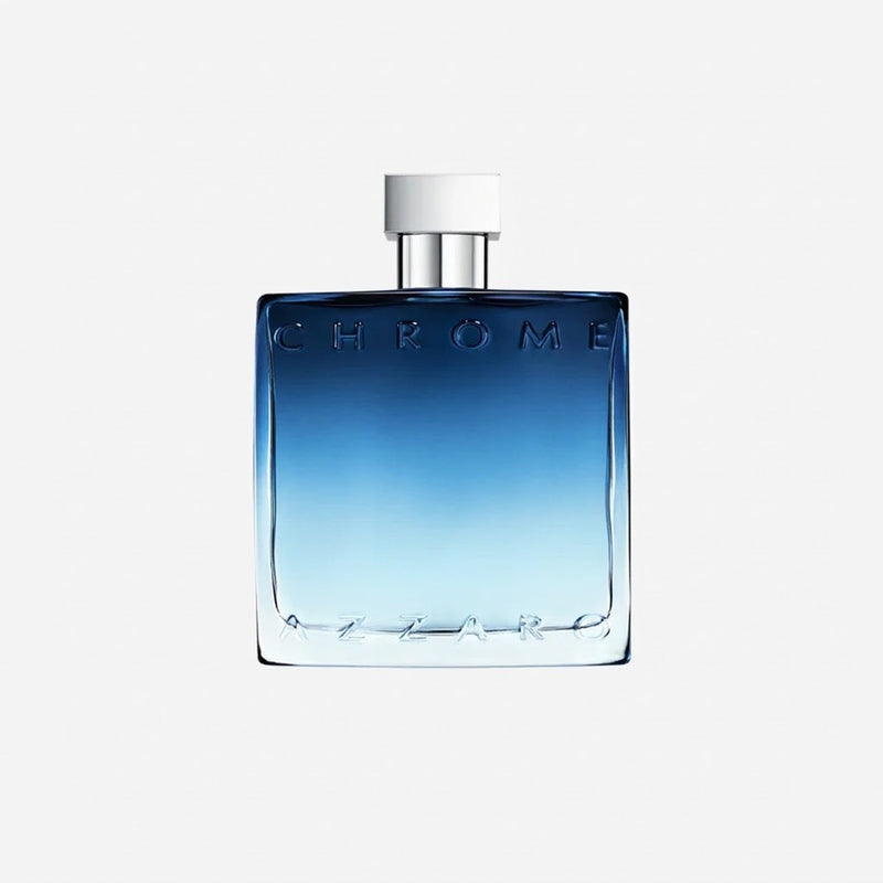 Chrome perfume bottle with a blue gradient on a white background