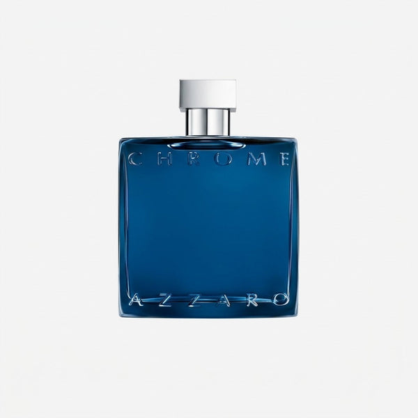 Blue Azzaro Chrome perfume bottle on a light gray background