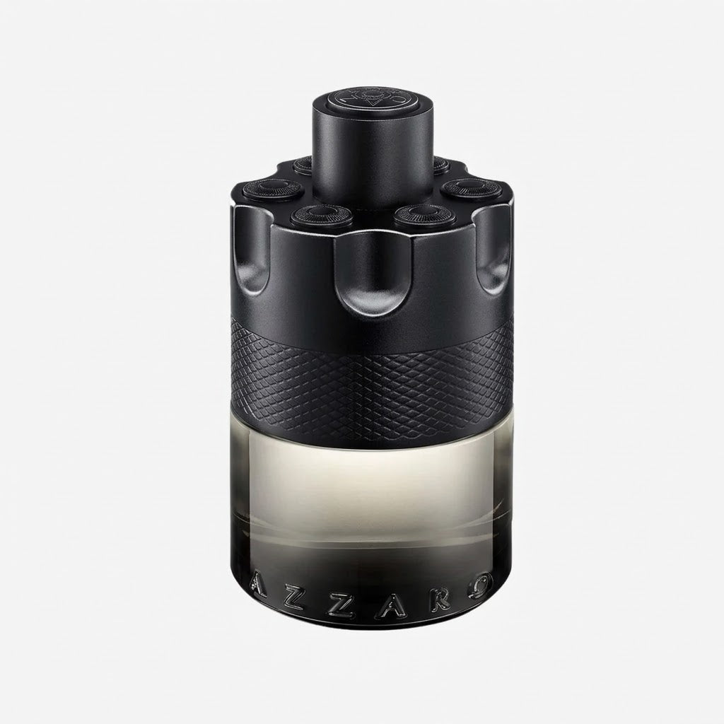 Black Azzaro perfume bottle on a white background