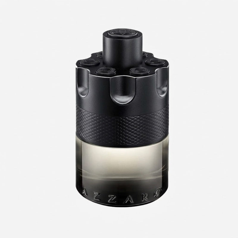Black Azzaro perfume bottle on a white background
