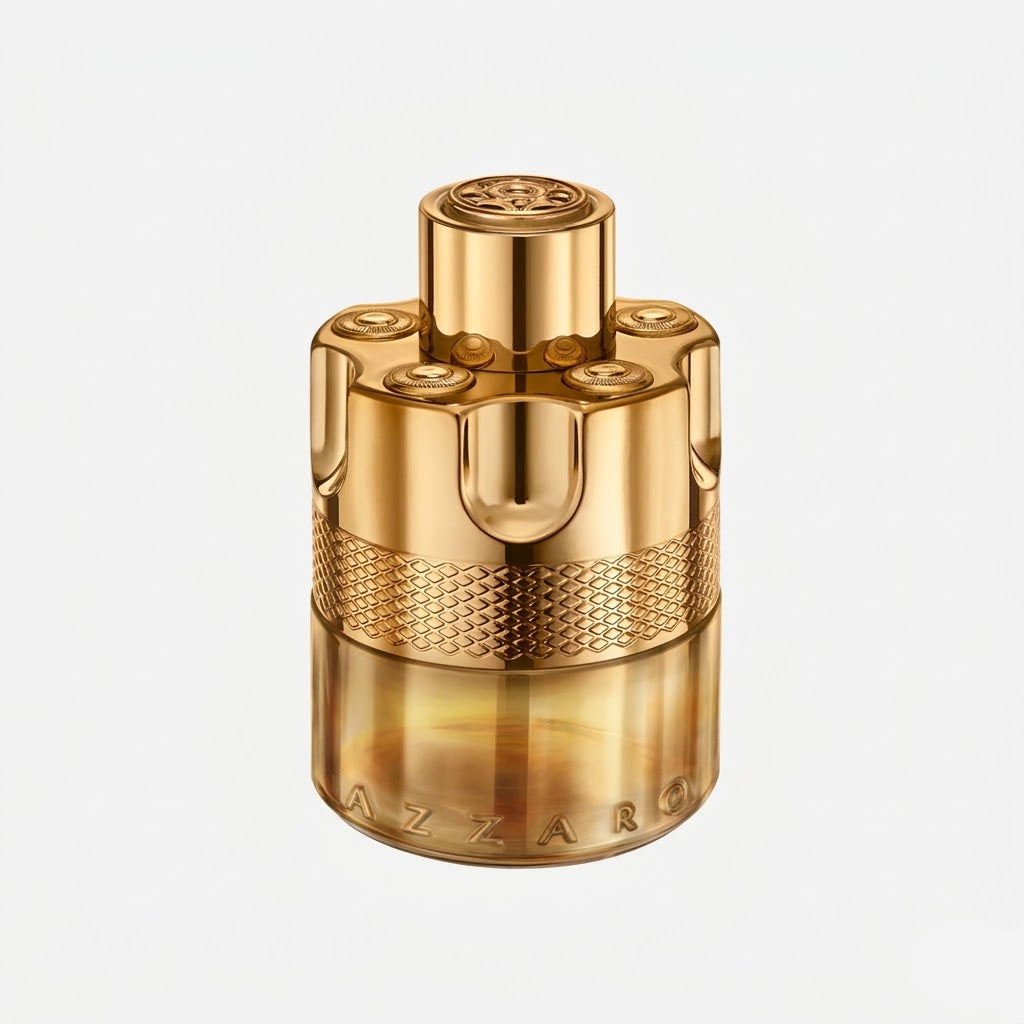 Gold Azzaro perfume bottle on a light gray background