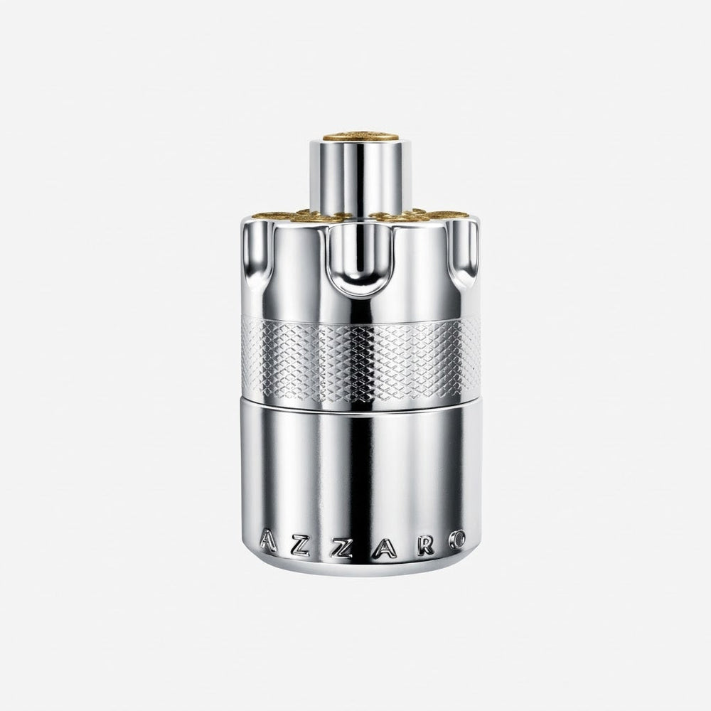 Silver Azzaro perfume bottle on a white background