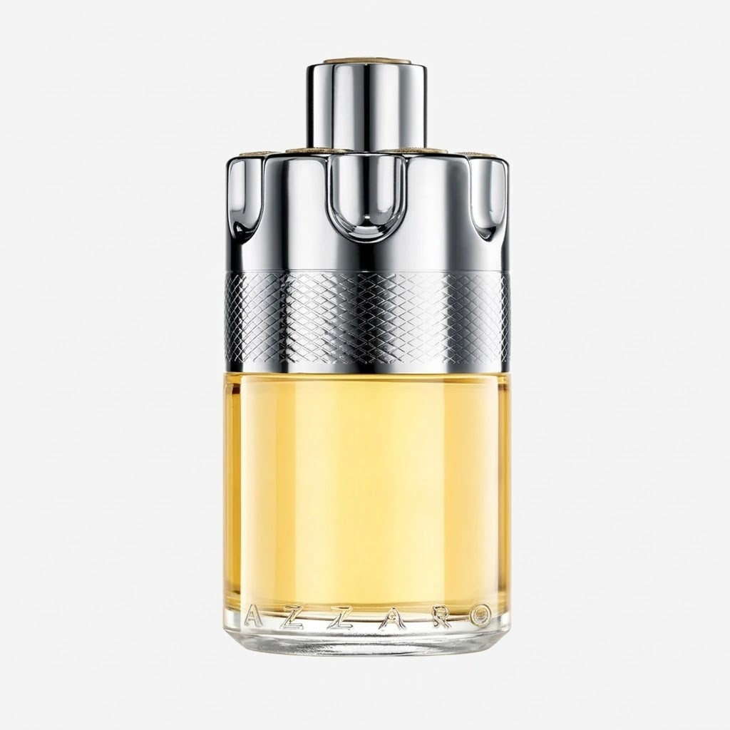 Perfume bottle with silver cap and clear glass body on a white background