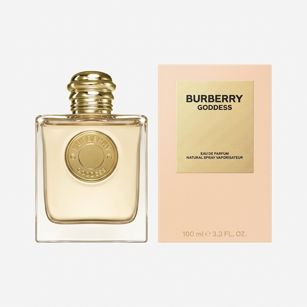 Burberry Goddess perfume bottle and packaging on a white background