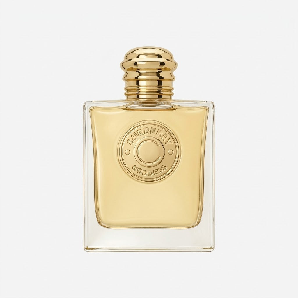 Gold Burberry perfume bottle on a white background