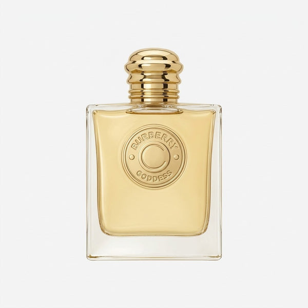 Gold Burberry perfume bottle on a white background