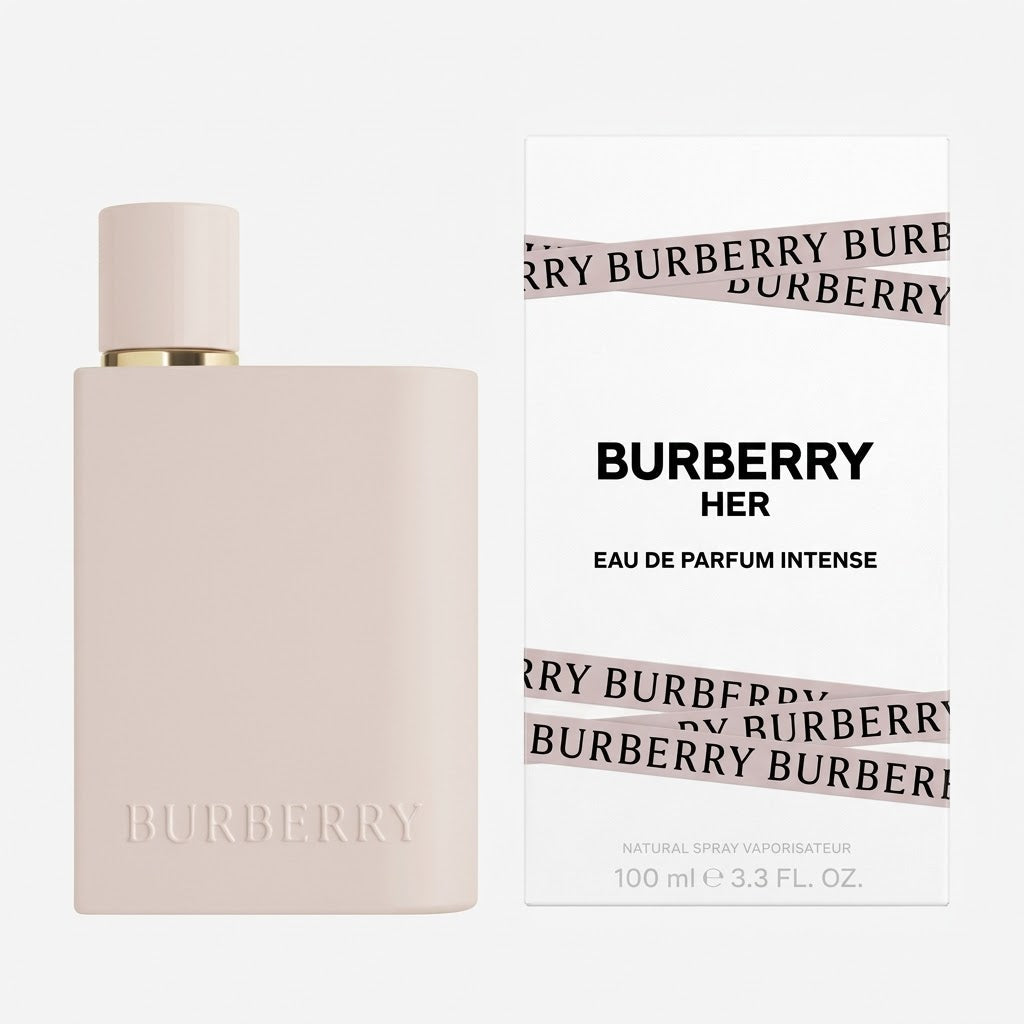 Burberry Her Eau de Parfum Intense bottle and packaging on a white background