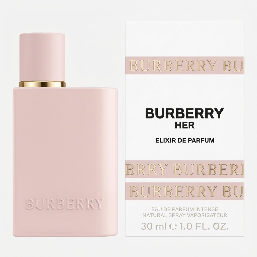 Burberry Her Elixir de Parfum bottle on a light gray background