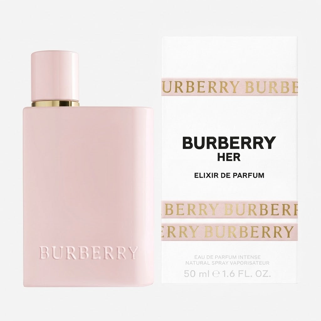 Burberry Her Elixir de Parfum bottle and packaging on a white background