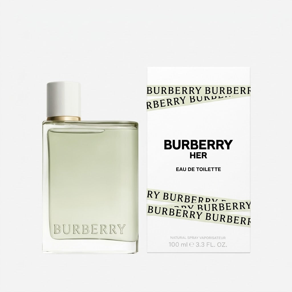 Burberry perfume bottle and packaging on a white background