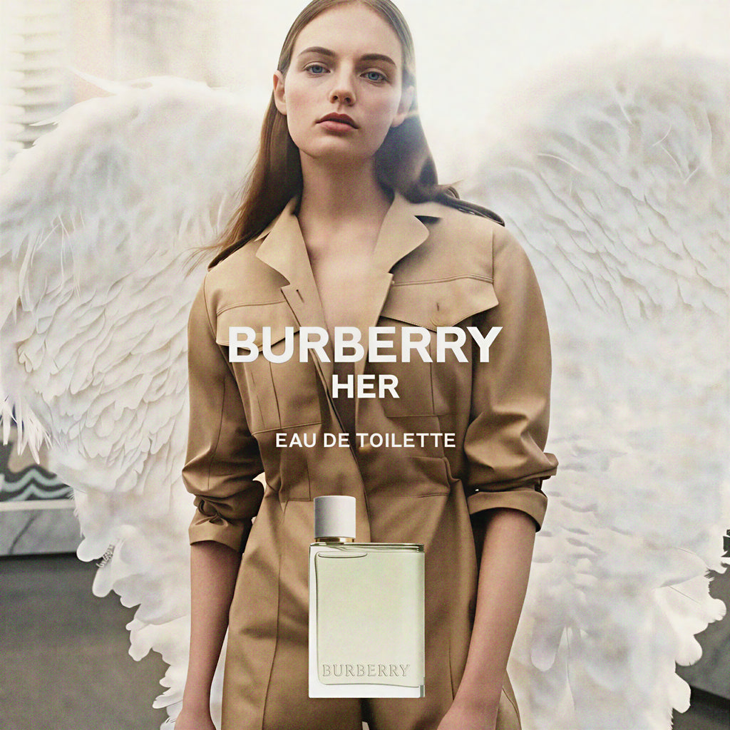 Burberry Her Eau de Toilette with a model wearing a beige trench coat against a white background.