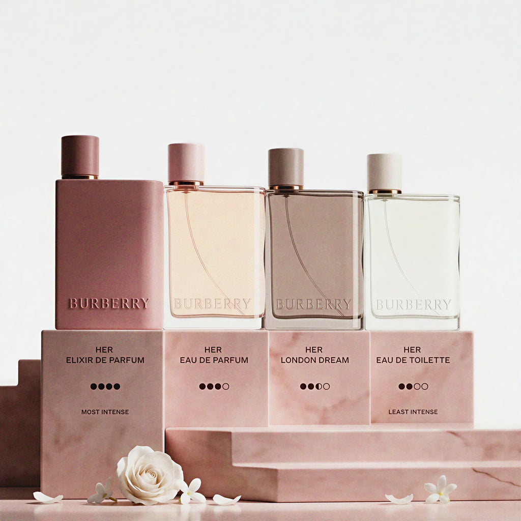 Burberry perfume bottles and boxes on a light background