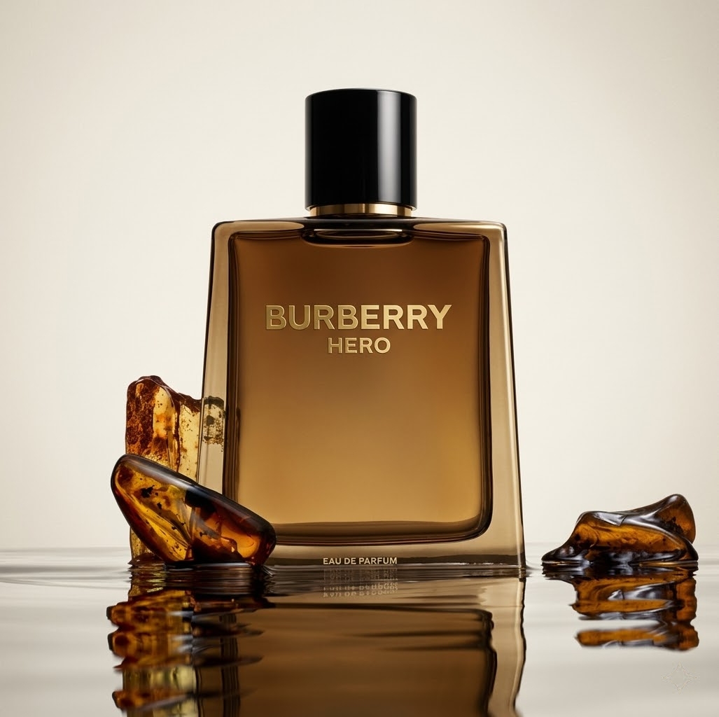 Burberry Hero perfume bottle on a reflective surface with a beige background