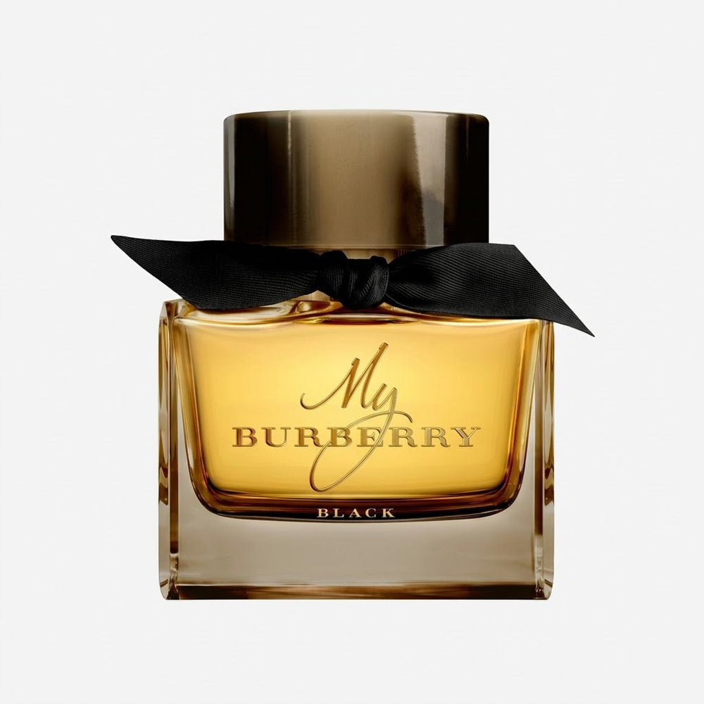 Perfume bottle labeled 'My Burberry Black' with a black ribbon on a light gray background