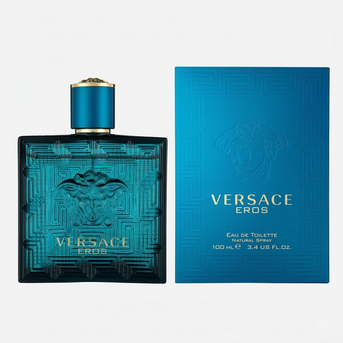Versace Eros perfume bottle and packaging on a white background