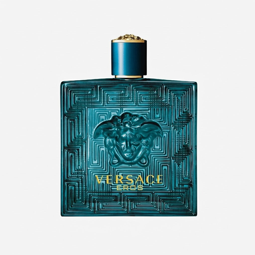 Versace Eros perfume bottle on a light gray background
